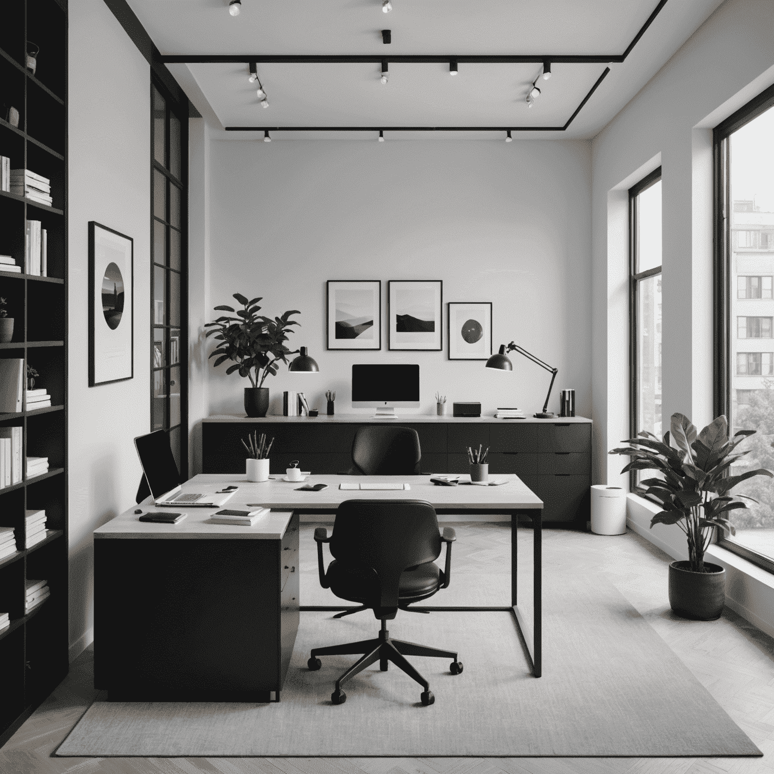 A black and white image of a modern, minimalist office space with clean lines and simple furniture, representing Slowmatic's design philosophy