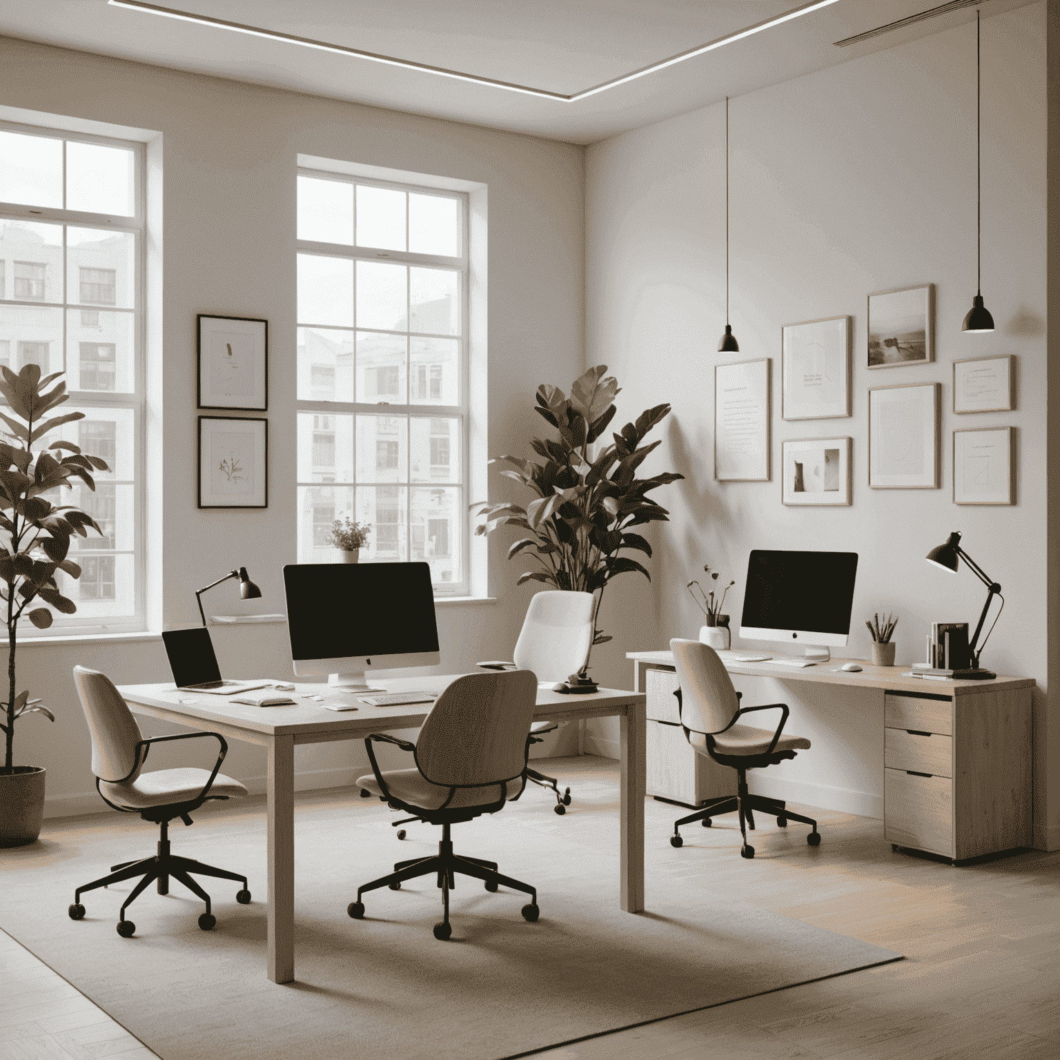 A clean, minimalist office space with modern computers and design elements, representing Slowmatic's commitment to user-friendly interfaces and digital experience design