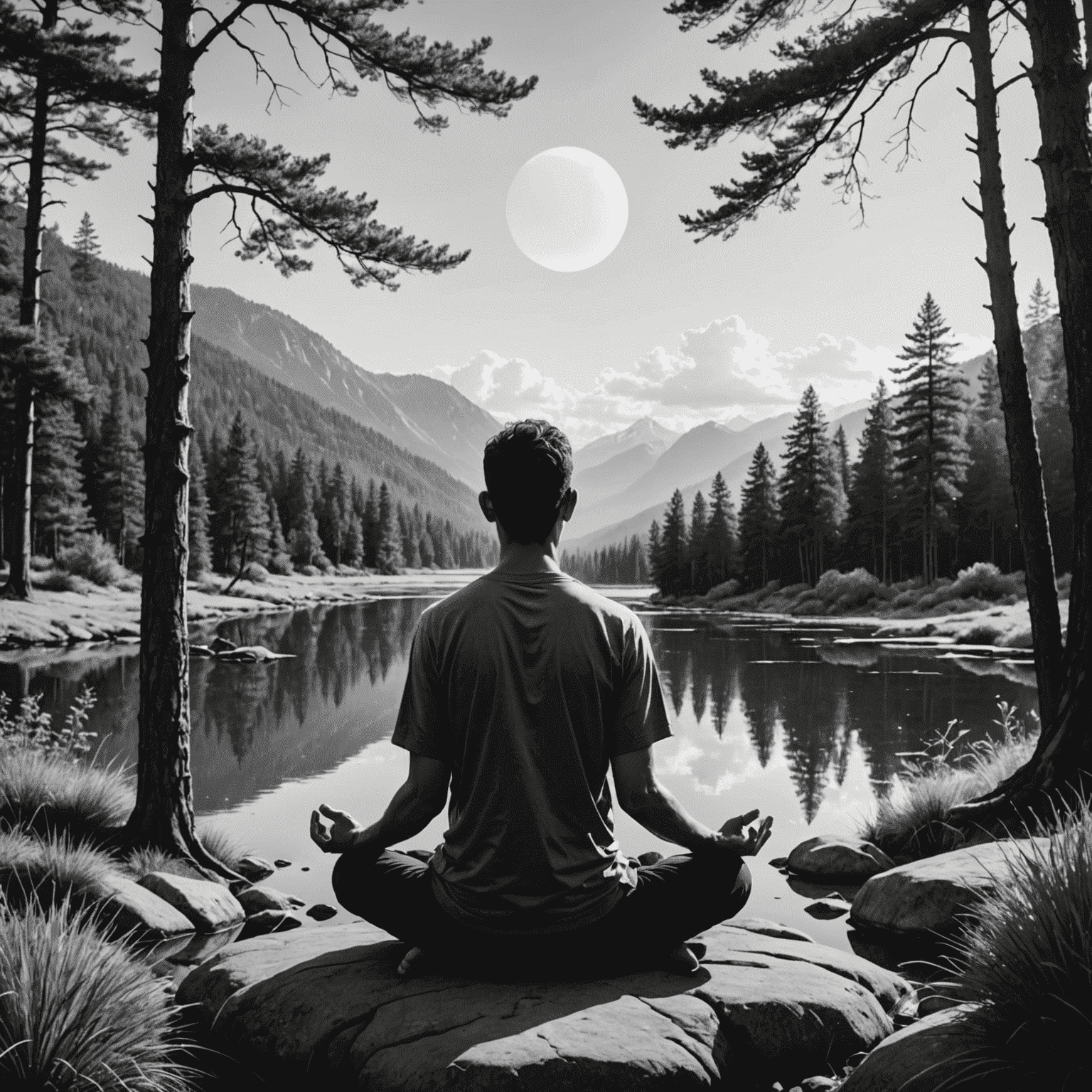 A serene image depicting a person practicing mindfulness, surrounded by nature. The image is in black and white, emphasizing simplicity and calmness.