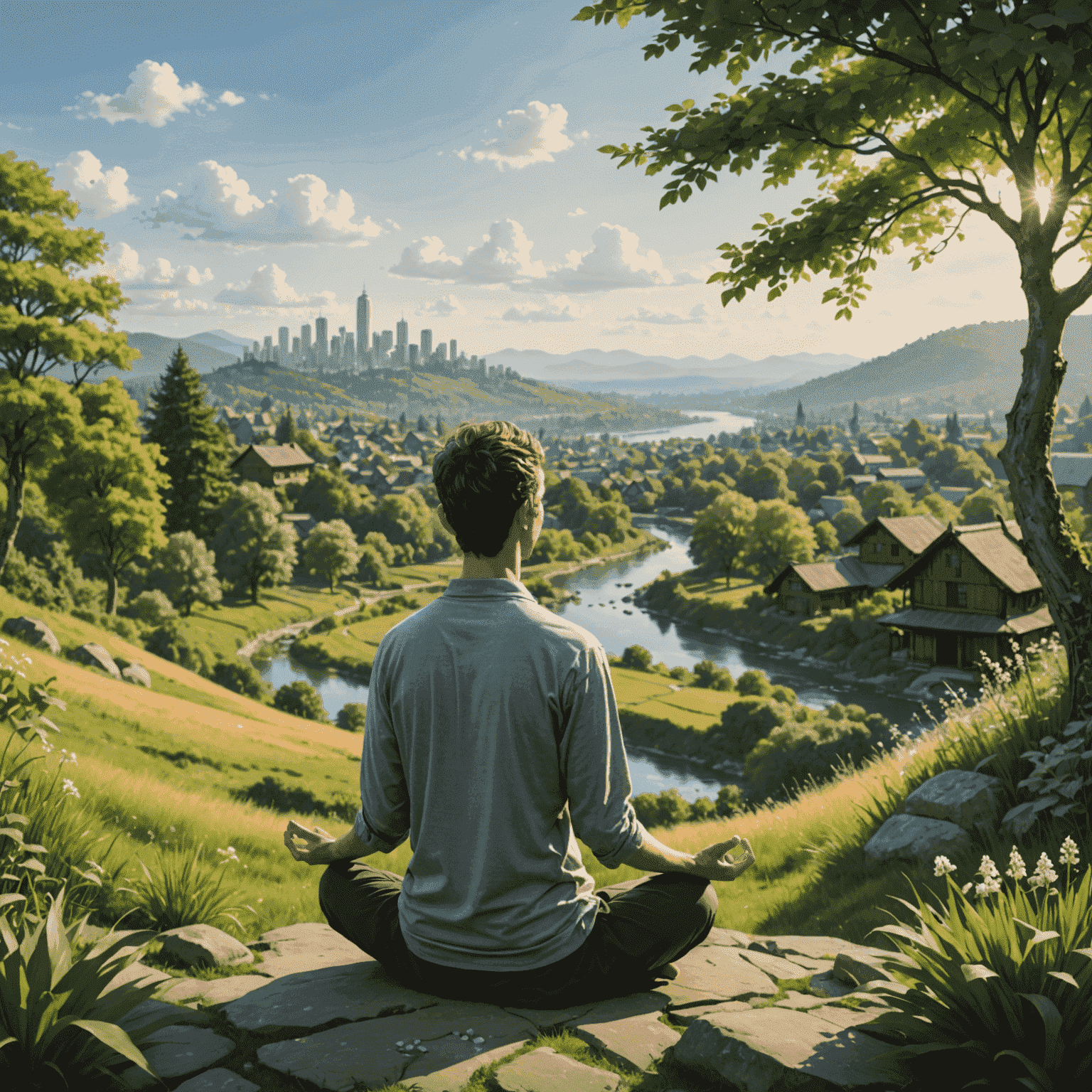 A serene image depicting a person practicing mindfulness, surrounded by nature, representing the concept of slow living in contrast to a busy cityscape in the background