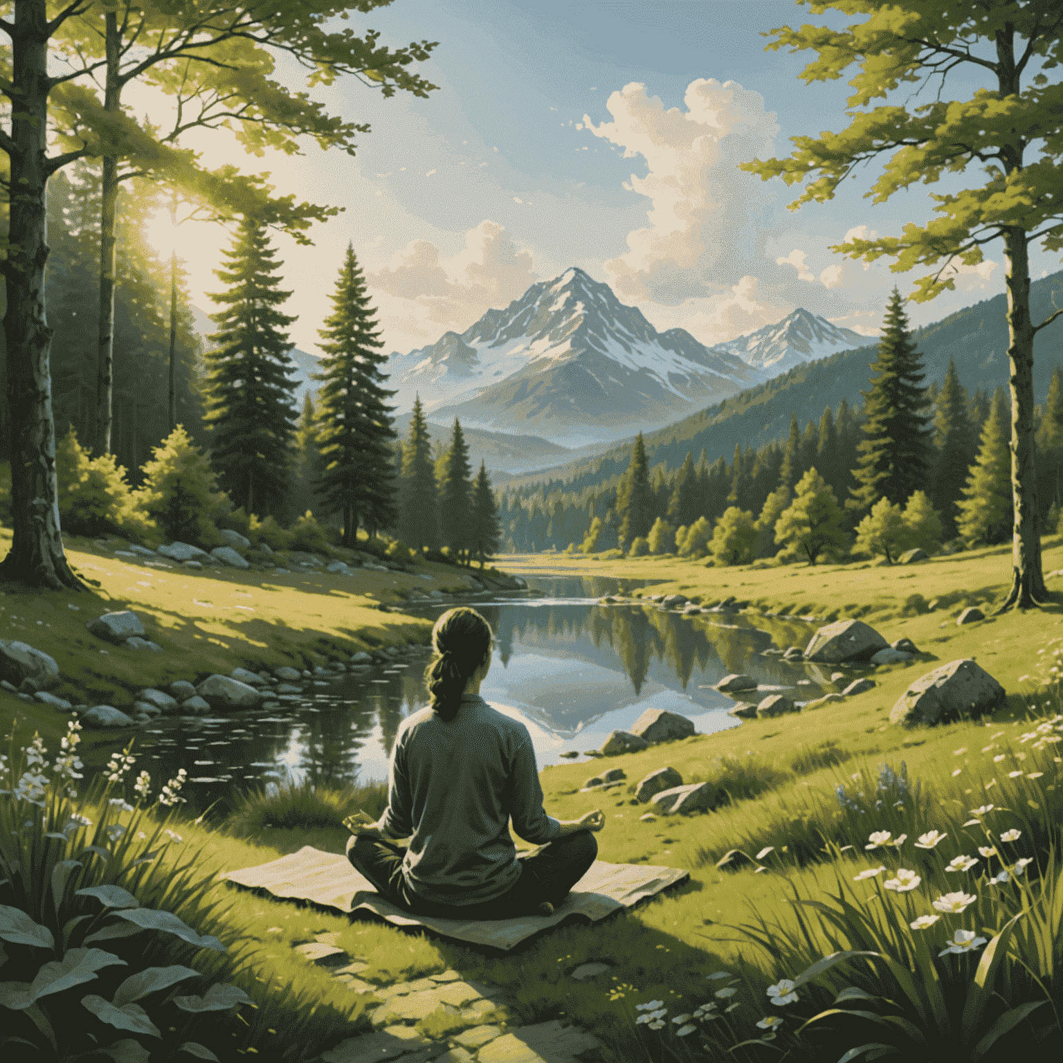 A serene landscape with a person practicing mindfulness, surrounded by nature, embodying the concept of slow living