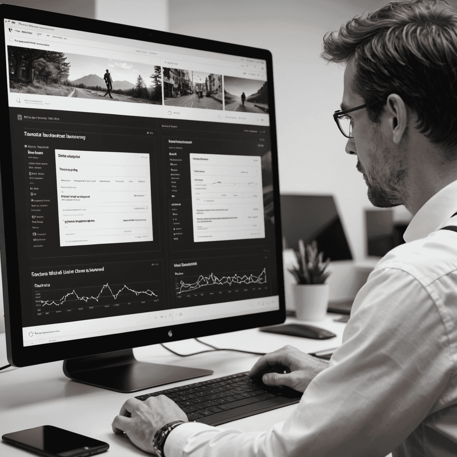 A split-screen image showing a frustrated user struggling with a complex interface on the left, and a relaxed user effortlessly navigating a clean, intuitive interface on the right. The image is in high-contrast black and white to emphasize the difference in user experience.