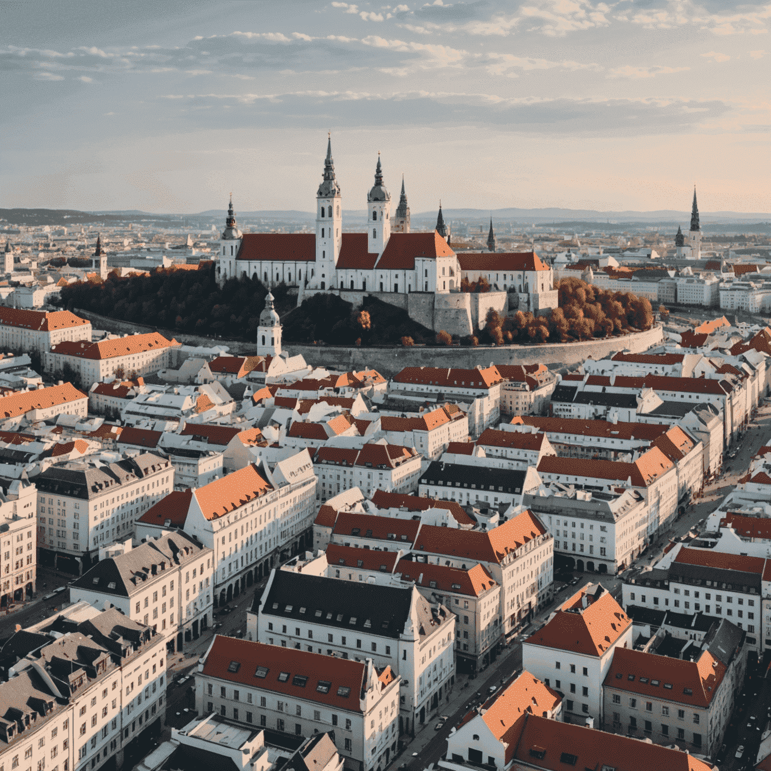 Panoramic view of Bratislava's modern skyline, showcasing the blend of historical architecture and new tech-focused buildings