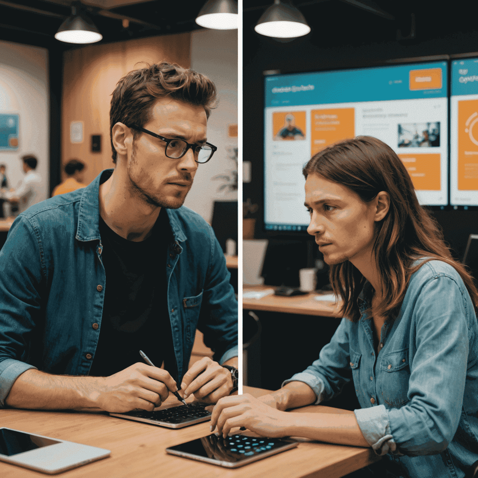 A split image showing a person easily using a simple, intuitive interface on the left, contrasted with someone frustrated with a complex, cluttered interface on the right. The image illustrates the psychological impact of convenience in digital experiences.