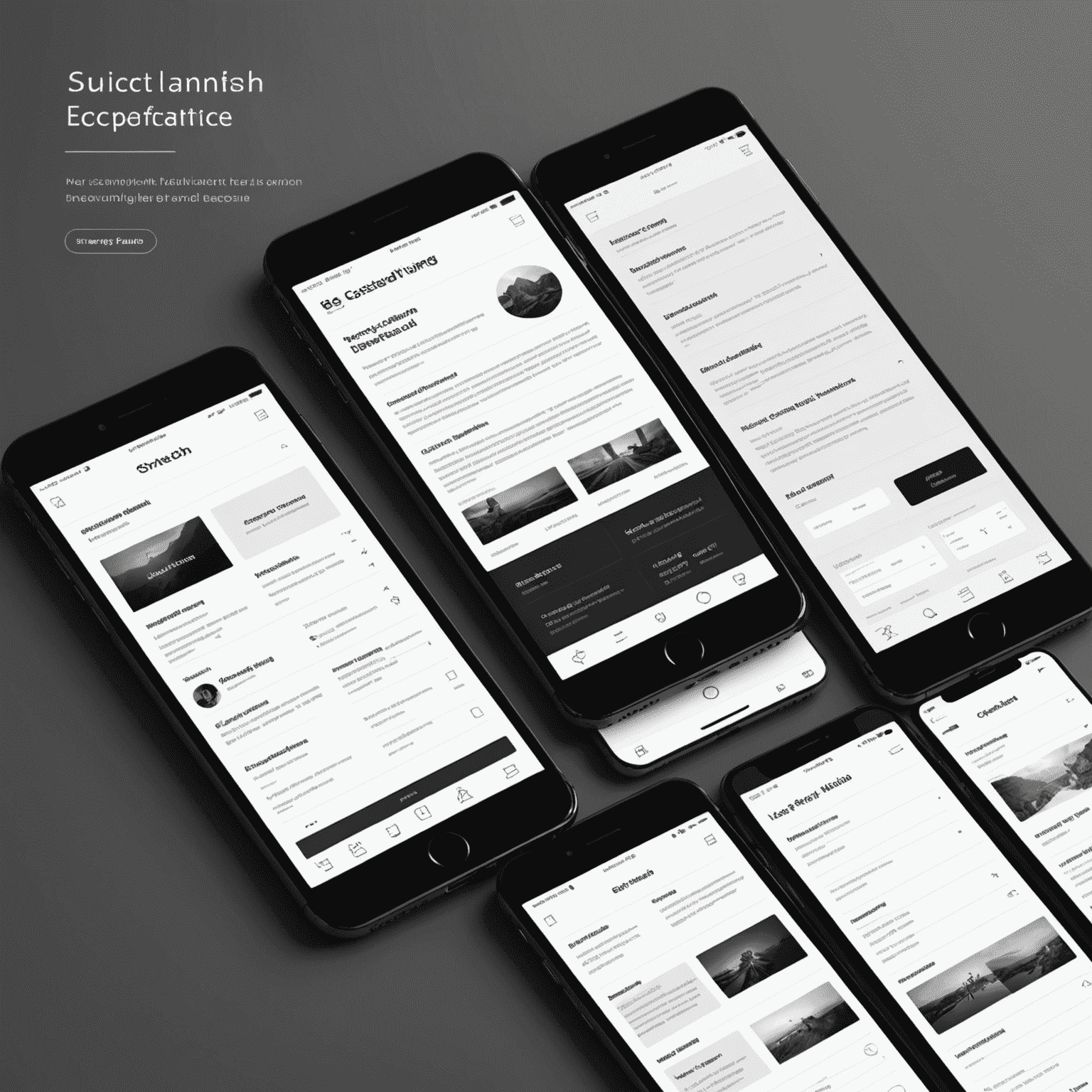 A series of minimalist, black and white wireframes showing the evolution of a complex interface into a simplified, user-friendly design. The image highlights key areas of improvement in navigation and layout.