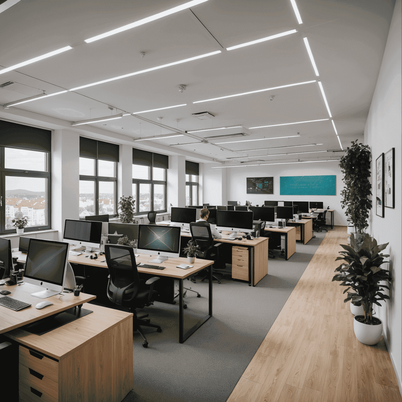 A modern, open-plan office space in Bratislava with young professionals working on computers, showcasing the vibrant tech work environment in Slovakia