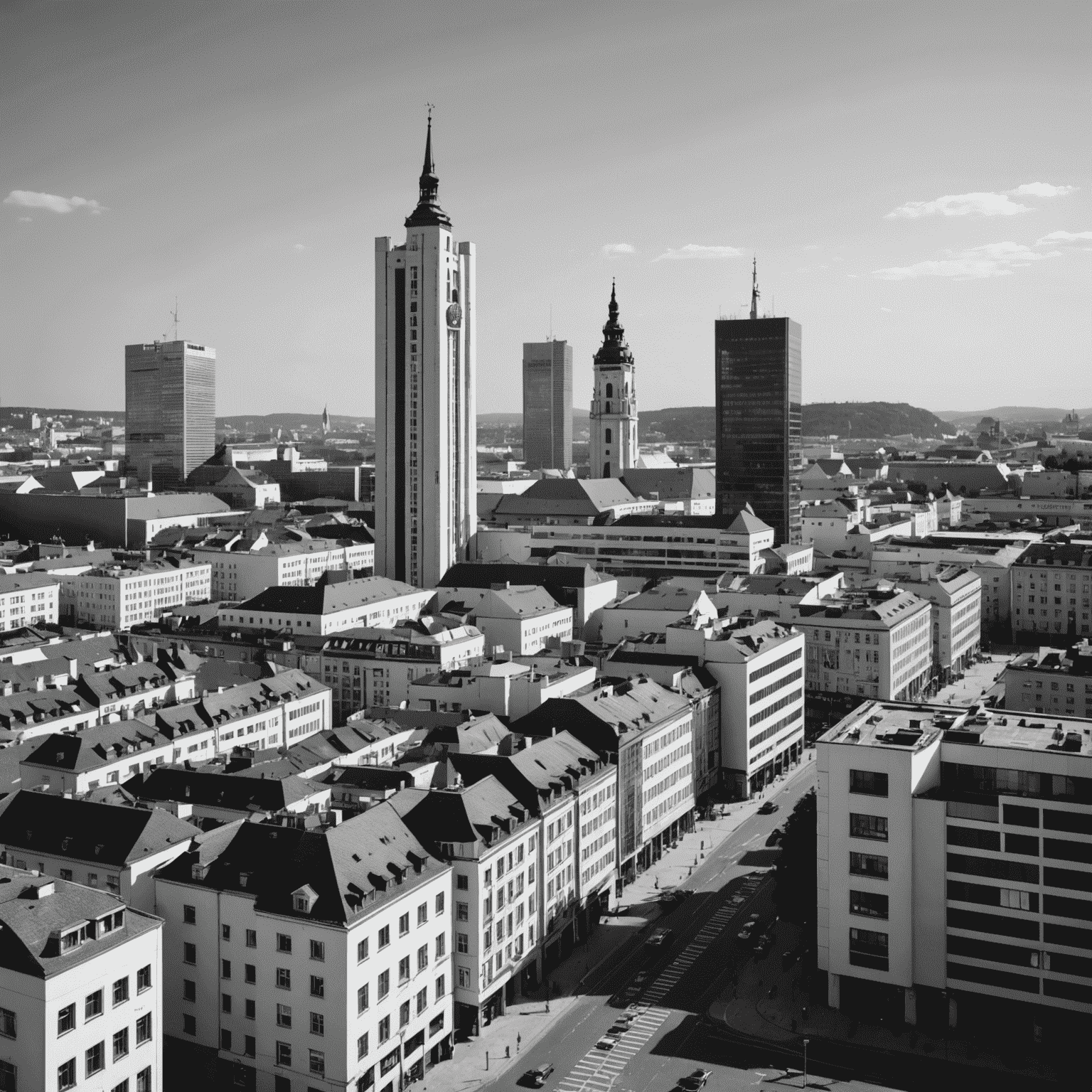 A black and white cityscape of Bratislava, Slovakia, with modern office buildings and tech company logos subtly integrated into the skyline.