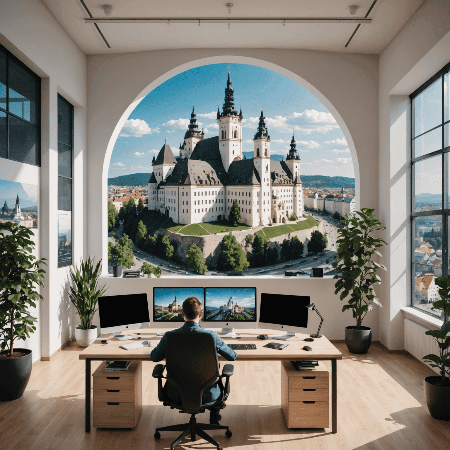 A modern office space in Slovakia with developers working on computers, surrounded by iconic Slovak landmarks to represent the growing tech industry